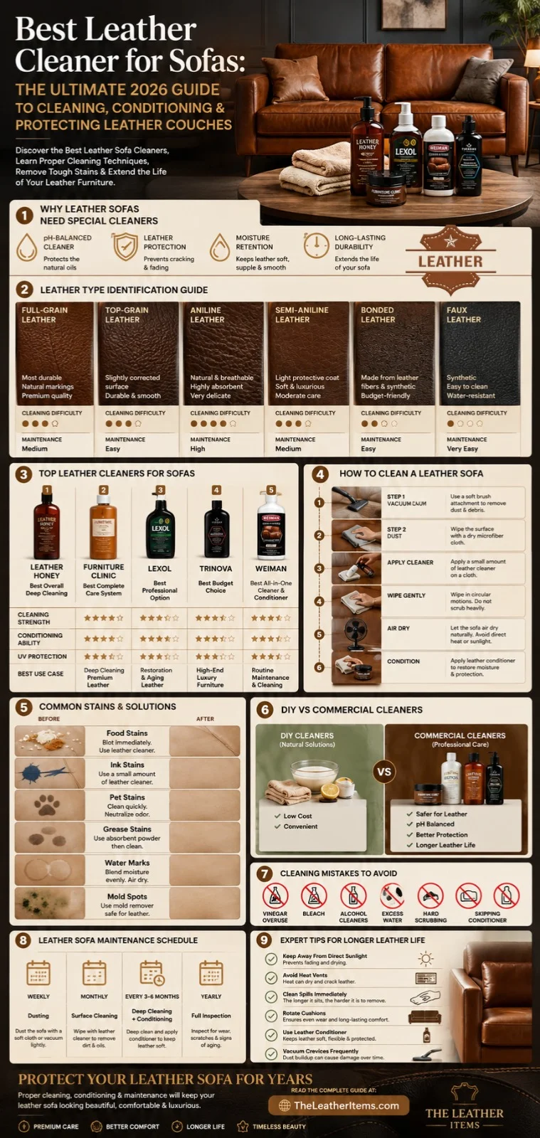 Best leather cleaner for sofas infographic showing leather types, top leather cleaners, cleaning steps, stain removal methods, maintenance schedules, and leather couch care tips for 2026.