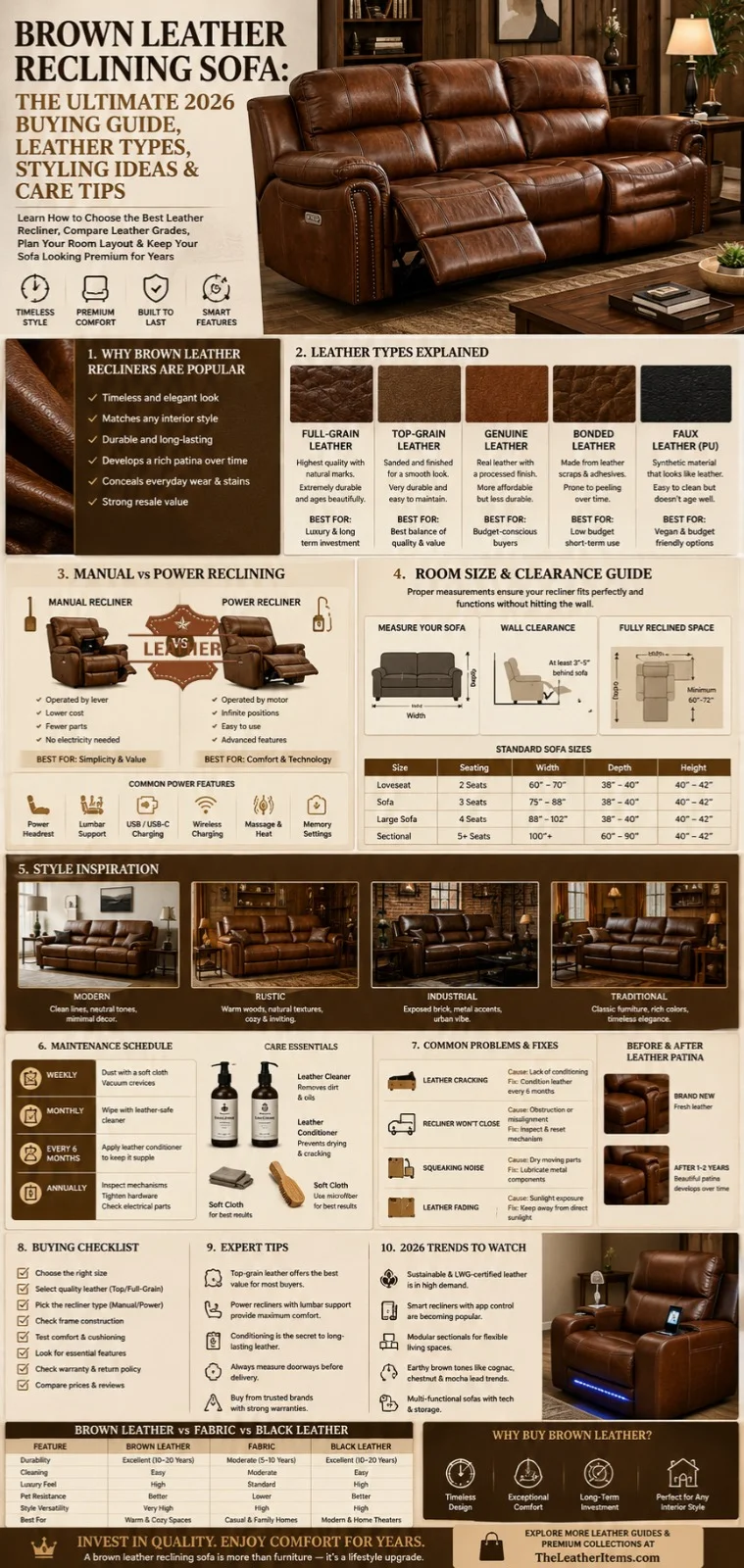 Brown leather reclining sofa infographic showing leather types, power vs manual recliners, room sizing, styling ideas, maintenance schedule, and buying tips for 2026.