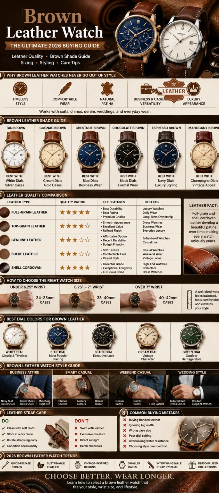 Brown leather watch buying guide infographic showing leather quality comparison, brown strap shades, watch sizing chart, dial color combinations, styling tips, and leather care advice for 2026.