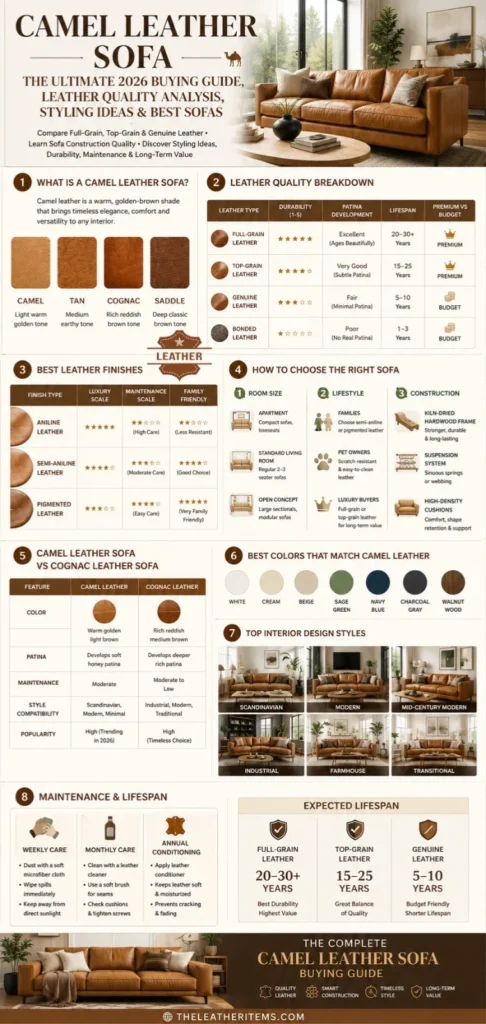 Camel leather sofa buying guide infographic comparing full-grain, top-grain, genuine leather, sofa construction quality, styling ideas, maintenance tips, and interior design color combinations.