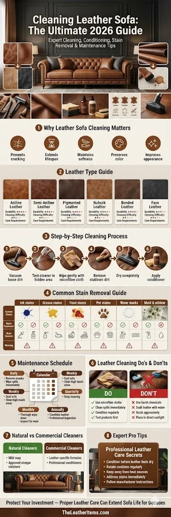 Cleaning leather sofa infographic showing leather types, stain removal methods, step-by-step cleaning process, conditioning tips, maintenance schedule, and expert leather furniture care guide for 2026.