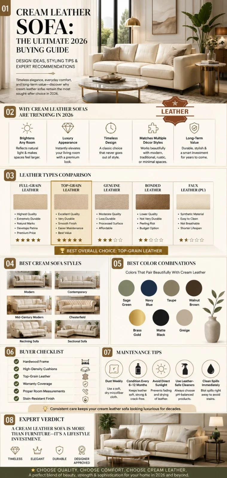 Cream leather sofa buying guide infographic showing leather types, sofa styles, color combinations, maintenance tips, buying checklist, and luxury living room design ideas for 2026.
