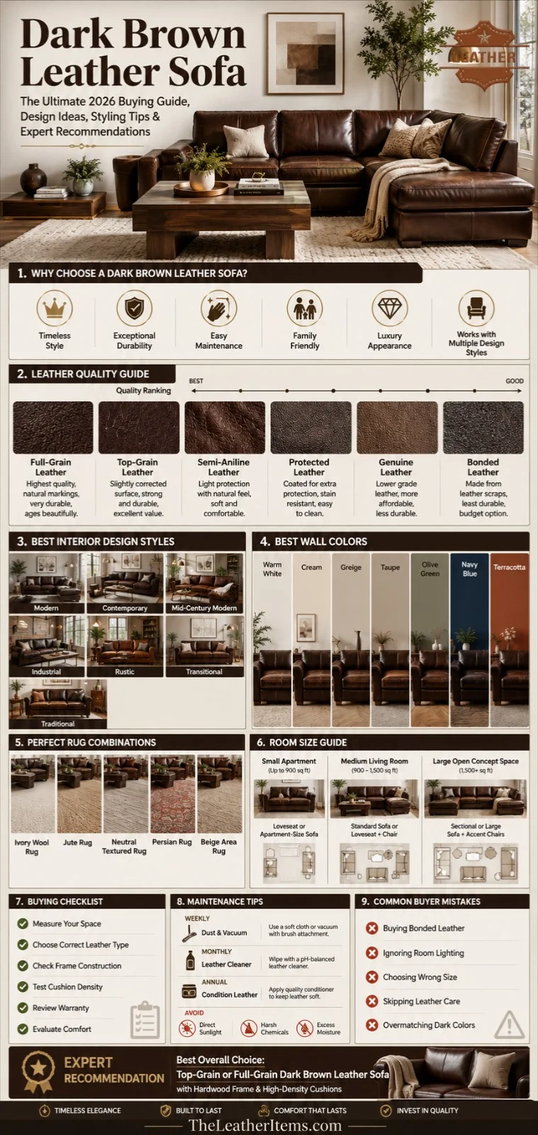 Dark brown leather sofa infographic showing leather types, buying guide, styling ideas, wall color combinations, maintenance tips, room layouts, and interior design inspiration for modern living rooms in 2026.