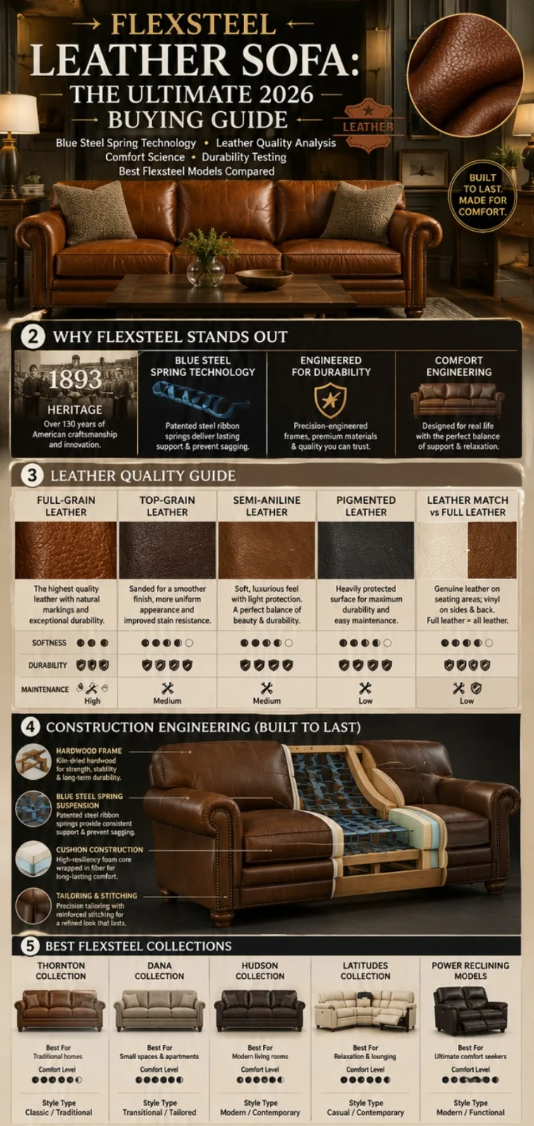 Flexsteel leather sofa buying guide infographic showing Blue Steel Spring technology, leather quality comparison, construction engineering, comfort ratings, durability analysis, and the best Flexsteel sofa collections for 2026.