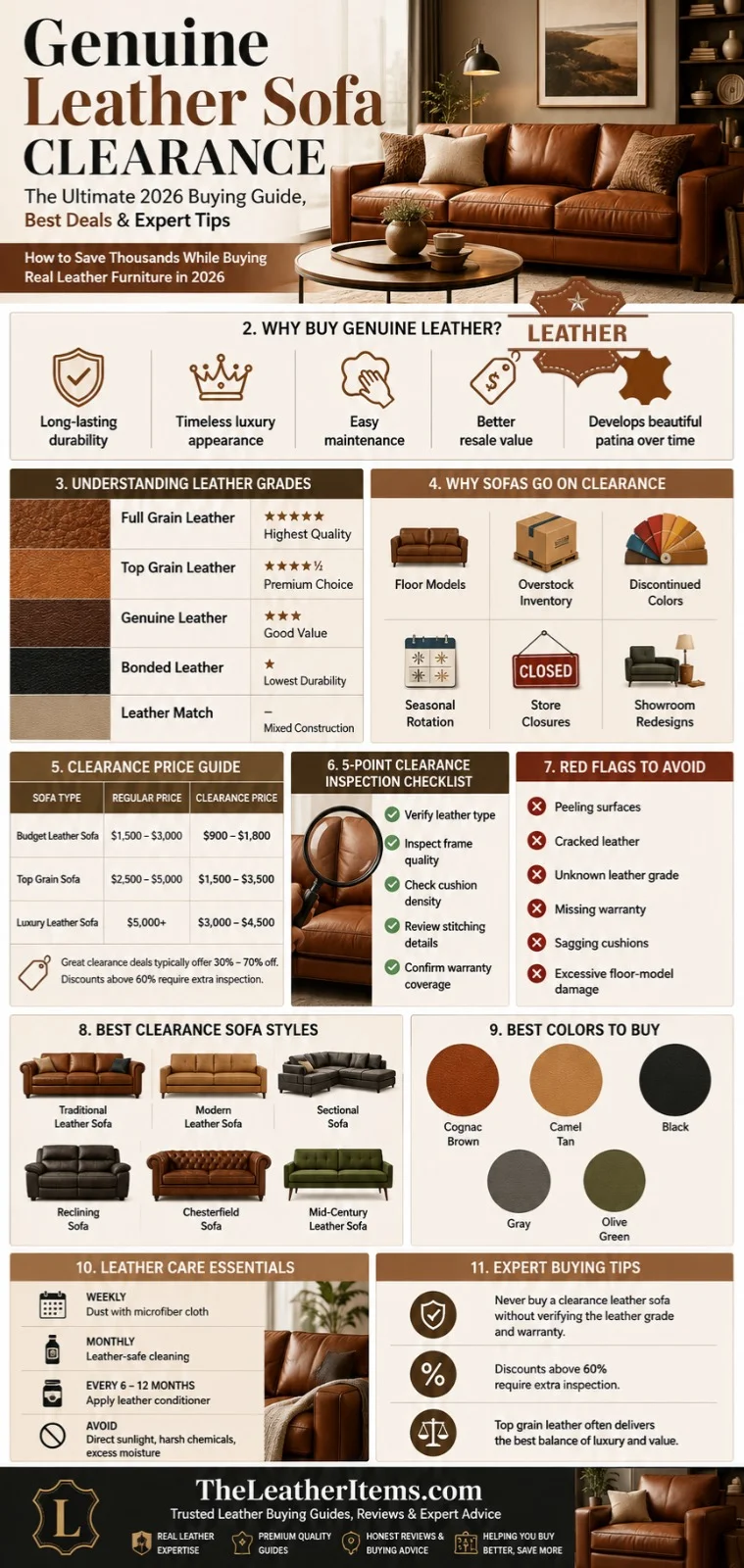 Genuine leather sofa clearance infographic showing leather grades, clearance pricing, buying checklist, sofa styles, color options, and expert tips for finding the best leather furniture deals in 2026.