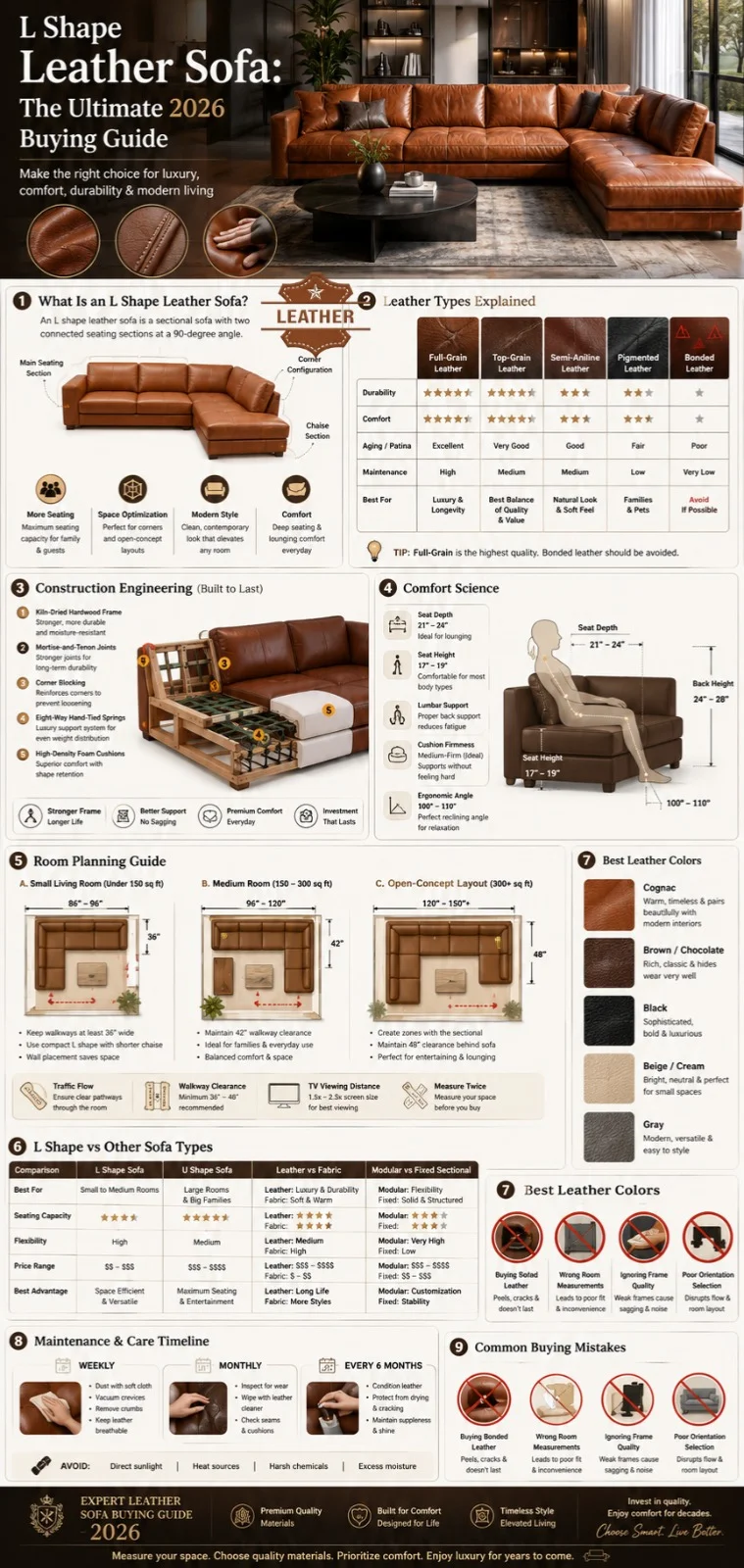 L Shape Leather Sofa buying guide infographic showing leather types, sectional construction, comfort factors, room planning tips, sofa comparisons, maintenance schedule, and luxury leather sectional buying advice for 2026.