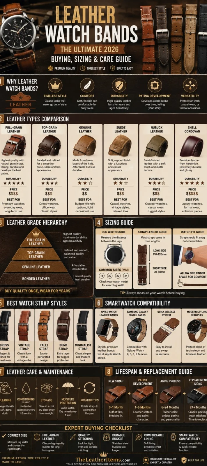 Leather Apple Watch Band infographic showing leather types, Apple Watch compatibility sizes, buying guide, color options, styling tips, and leather care instructions for 2026.