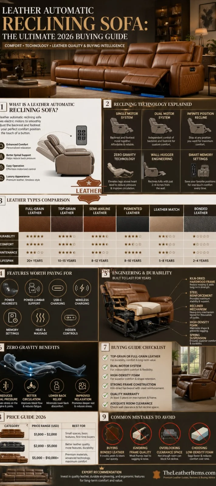 Leather Automatic Reclining Sofa infographic showing power reclining technology, leather types comparison, zero-gravity comfort benefits, durability features, buying checklist, price guide, and expert tips for choosing the best leather power recliner sofa in 2026.