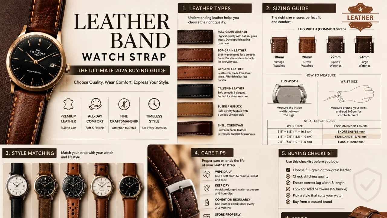 Leather band watch strap guide infographic showing types of leather, sizing chart, care tips, and buying advice for premium leather watch straps in 2026.
