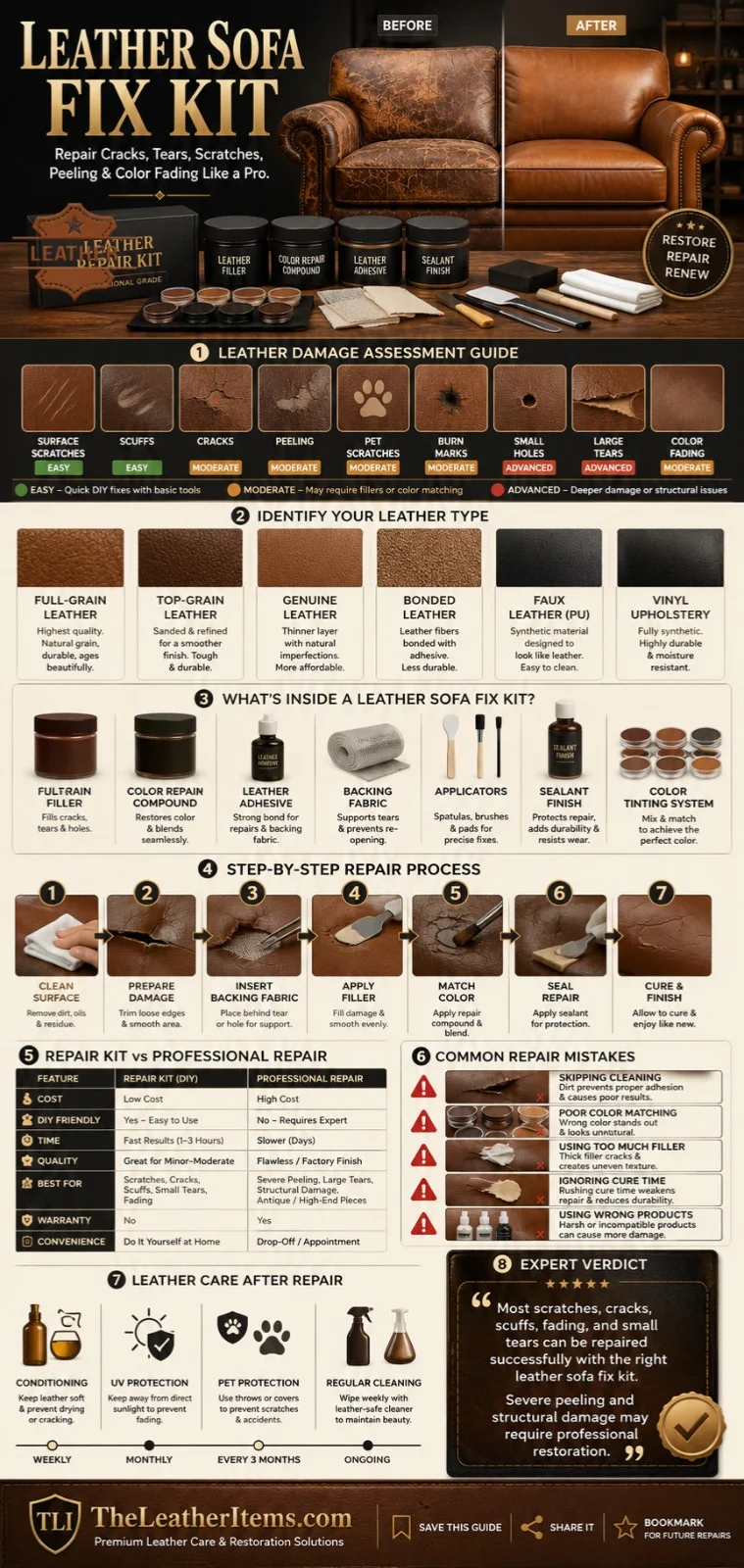 Leather Sofa Fix Kit infographic showing how to repair cracked, scratched, torn, peeling, and faded leather couches with DIY leather repair kits and professional restoration tips.
