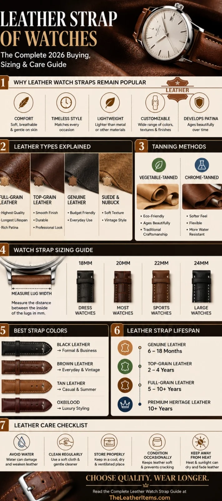 Leather strap of watches infographic showing leather types, sizing guide, tanning methods, lifespan comparison, care tips, and buying advice for choosing the best leather watch strap in 2026.