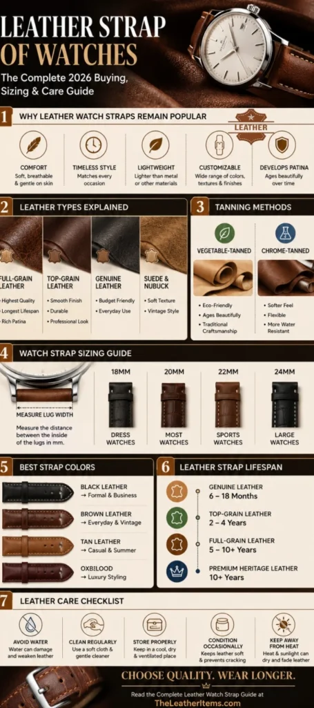 Male leather strap watches infographic showing leather types, watch size guide, quartz vs automatic comparison, style tips, buying checklist, and leather strap care guide for men.