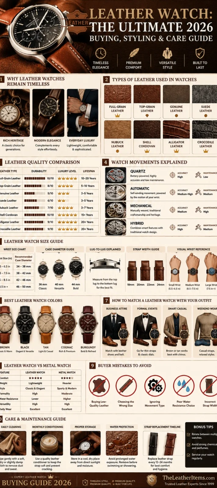 Leather Watch buying guide infographic showing leather types, watch movements, wrist sizing chart, style matching tips, leather quality comparison, and care instructions for choosing the best leather watch in 2026.