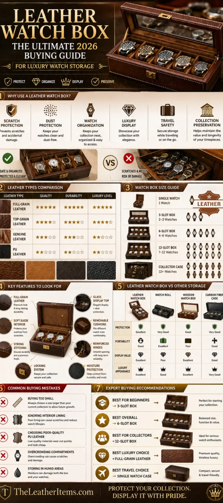 Luxury leather watch box infographic showing watch storage benefits, leather type comparisons, size guide, buying tips, and premium watch organization solutions for collectors.