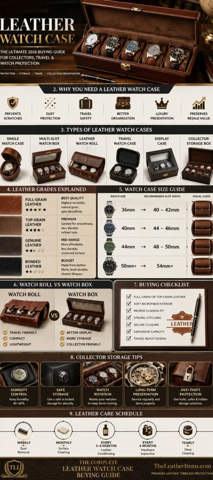 Leather Watch Case Buying Guide infographic showing leather grades, watch case sizing chart, travel storage options, watch roll vs watch box comparison, collector storage tips, and luxury watch protection advice.
