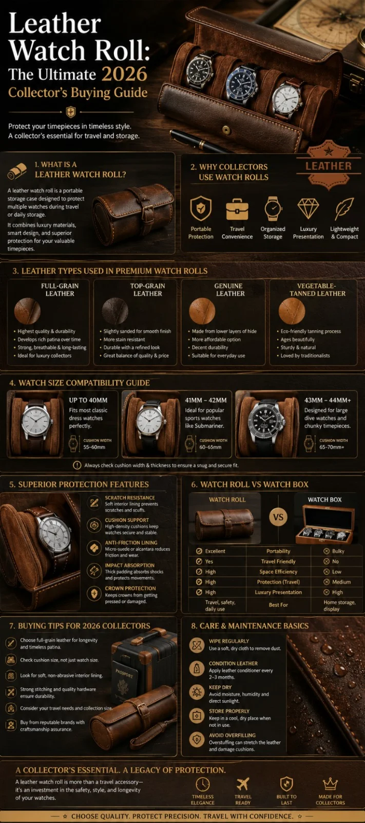 Leather watch roll buying guide infographic 2026 showing leather types, watch size compatibility, protection features, and luxury travel storage tips for collectors
