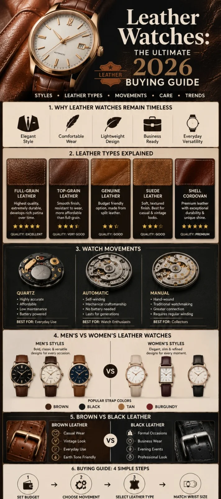 Leather watches buying guide infographic showing leather types, watch movements, men's and women's styles, brown vs black leather straps, care tips, and 2026 watch trends.