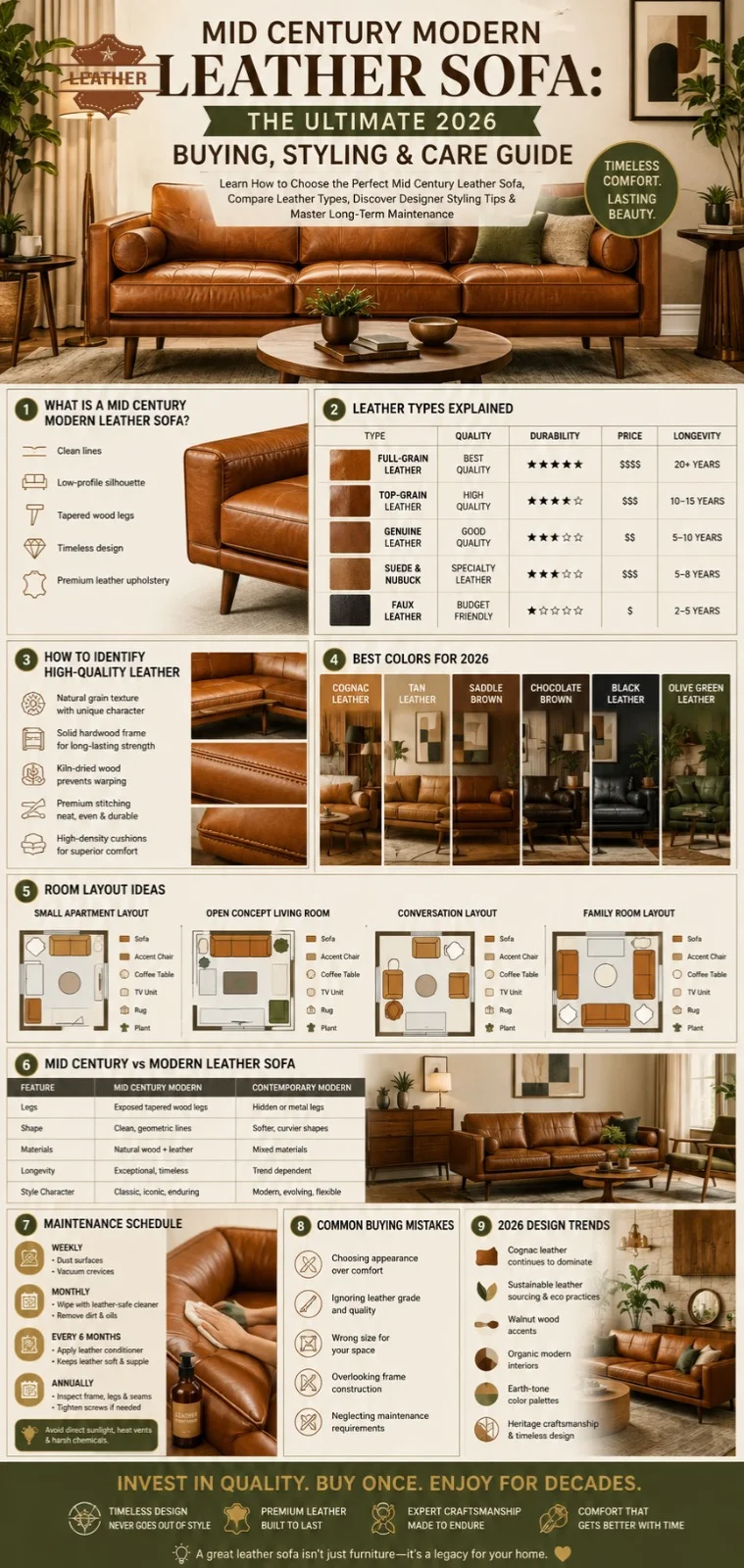Mid Century Modern Leather Sofa infographic showing leather types, buying guide, quality checklist, styling ideas, room layouts, maintenance schedule, and 2026 design trends.