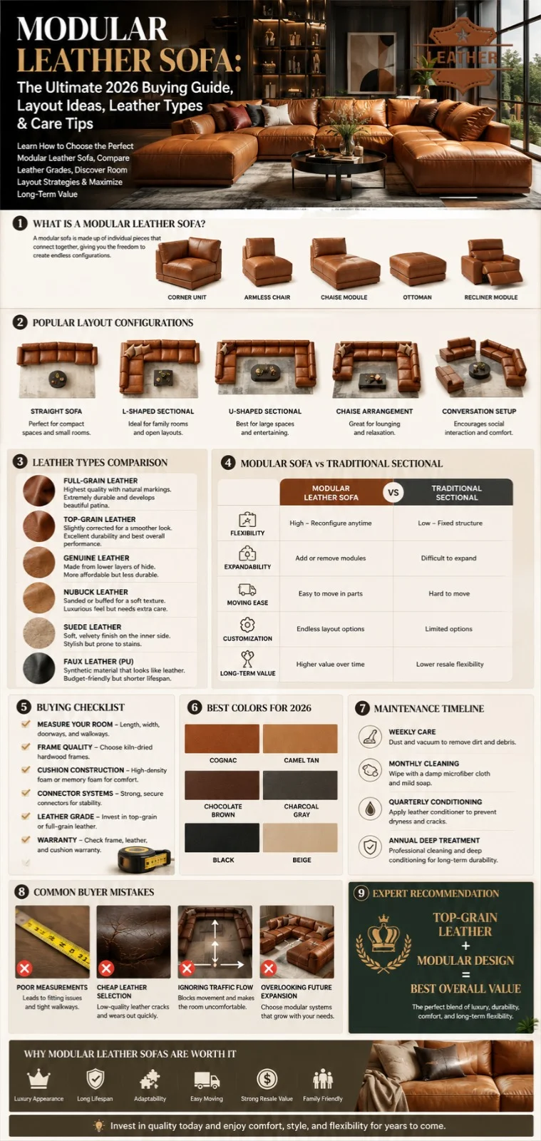 Modular leather sofa buying guide infographic showing sofa layouts, leather types, room planning tips, maintenance schedule, color options, and modular sectional comparison for modern homes.
