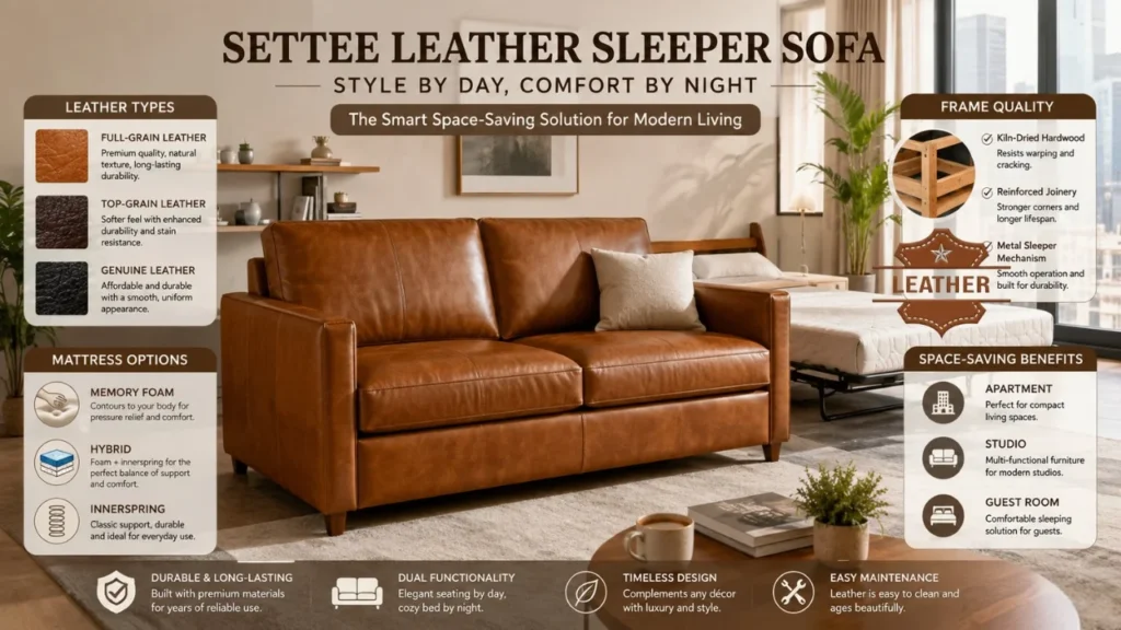 Settee leather sleeper sofa in a modern apartment showing space-saving design, leather types, and mattress options for a small living room and guest use.
