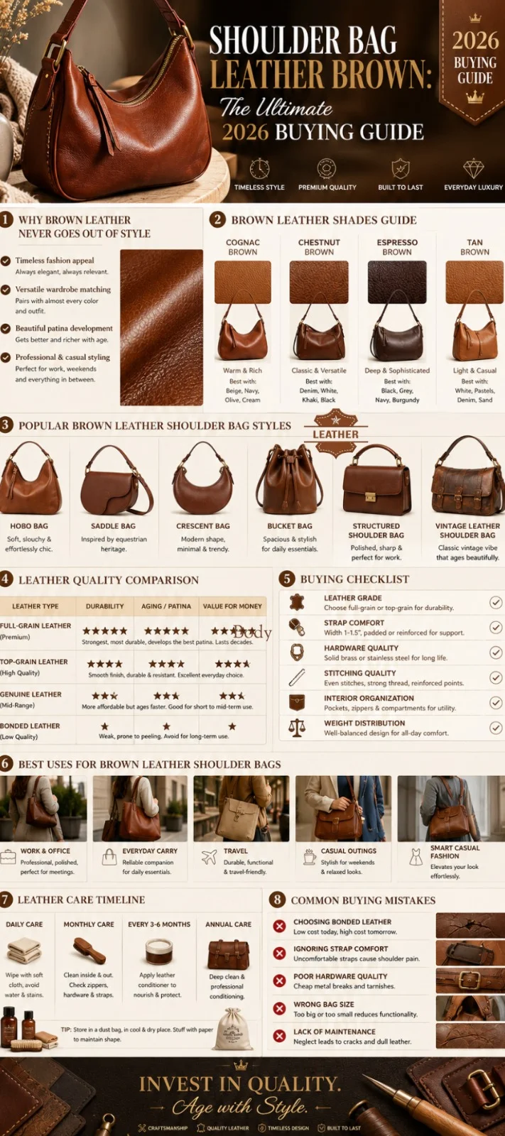 Shoulder bag leather brown infographic showing leather grades, brown color shades, shoulder bag styles, buying checklist, care tips, and expert guide for choosing the best brown leather shoulder bag in 2026.
