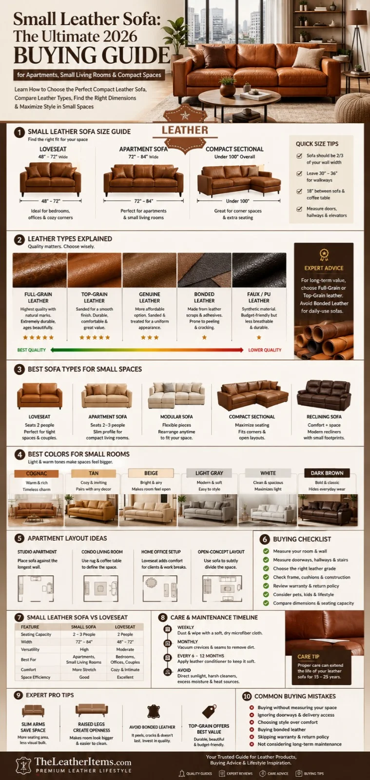 Small leather sofa buying guide infographic showing sofa dimensions, leather types, apartment layout ideas, color options, buying tips, and maintenance advice for compact living spaces.