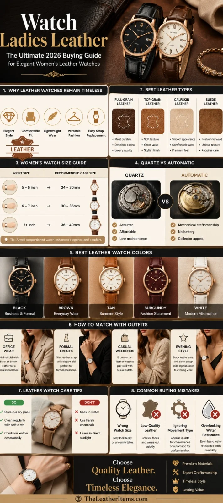 Watch Ladies Leather infographic showing women's leather watch buying guide, leather types, watch size chart, quartz vs automatic comparison, styling tips, leather care instructions, and elegant women's leather strap watches for 2026.