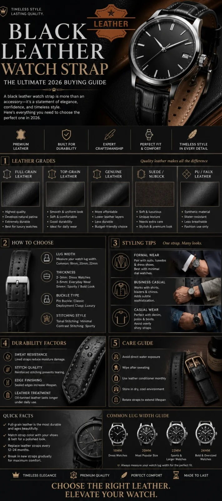 Black leather watch strap buying guide infographic showing leather types, sizing tips, styling ideas, and care instructions for luxury watches in 2026.