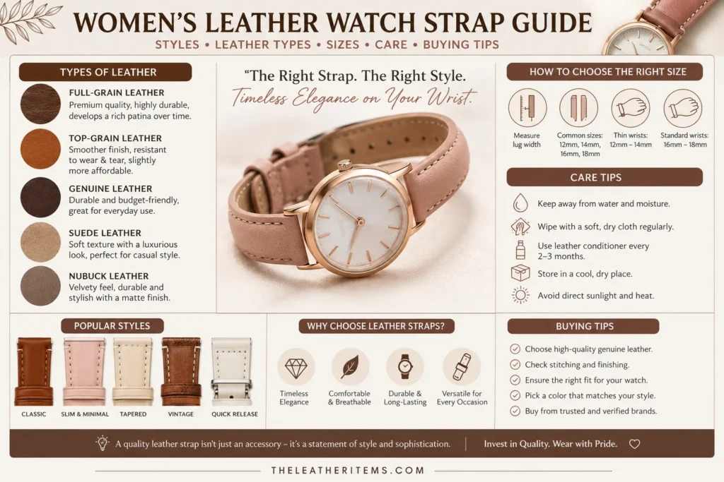 Women's leather watch strap buying guide infographic showing leather types, strap sizes, style options, care tips, and expert buying advice for choosing the best leather watch strap in 2026.