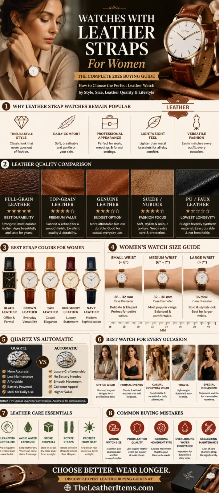Watches with leather straps for women infographic showing leather quality comparison, watch sizing guide, strap colors, quartz vs automatic movements, styling tips, and leather care advice for 2026.